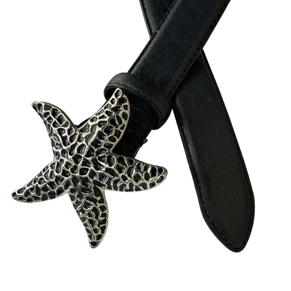Talbots Black Leather Silver Starfish Buckle Belt, Medium - Picture 2 of 5